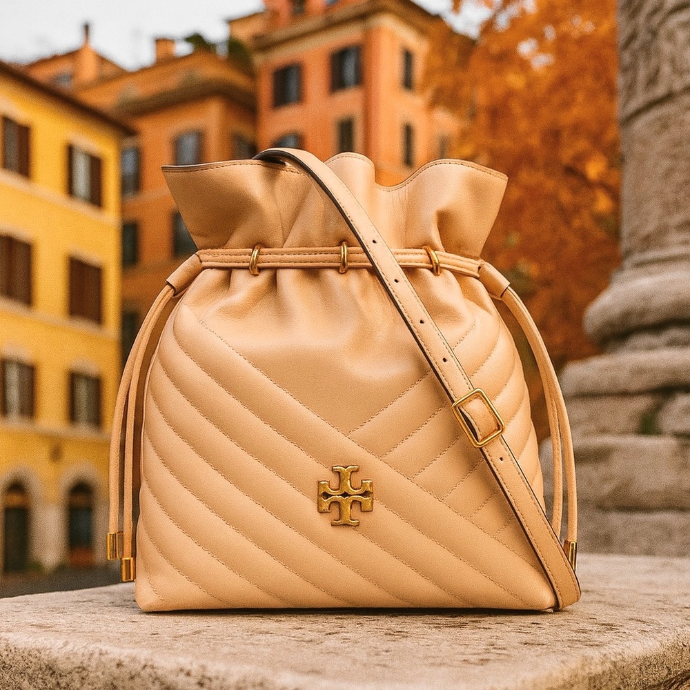 NEW Tory Burch Kira Chevron Devon Sand Beige Drawstring Bucket Tote/Shoulder Bag
